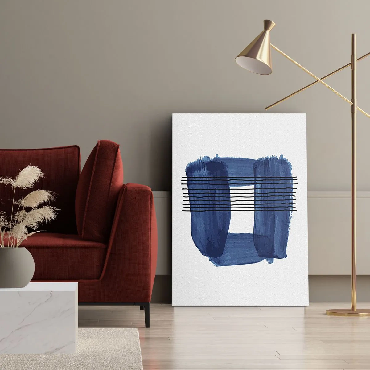 Quadro su tela - Stampe su Tela - Motivo astratto nei toni del blu con linee nere - 70x100cm - Composizione blu e nera - Decorazione murale moderna per soggiorno e camera da letto ARTTOR