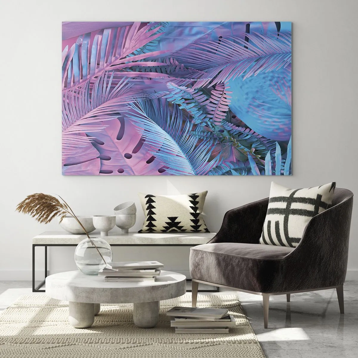 Quadro su vetro - Foglie tropicali nei toni del rosa e del blu su uno sfondo neon - 70x50cm - Tropici in rosa e blu - Decorazione murale moderna per soggiorno e camera da letto ARTTOR