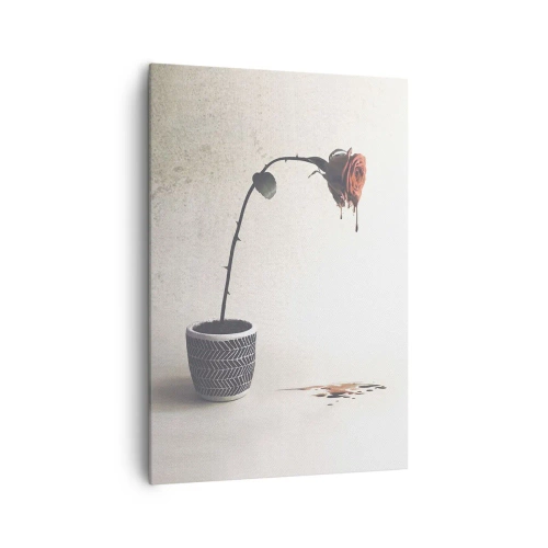 Quadro su tela - Stampe su Tela - Una rosa rossa in un vaso con gocce di tintura su uno sfondo bianco - 70x100cm - Rosa dolorosa - Decorazione murale moderna per soggiorno e camera da letto ARTTOR