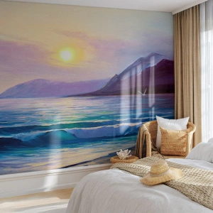 Fotomurali Premium Canvas - Un pittoresco paesaggio marino al tramonto con onde e montagne - 100x70cm - Cristallo di acqua e di aria - Decorazione murale moderna per soggiorno e camera da letto ARTTOR