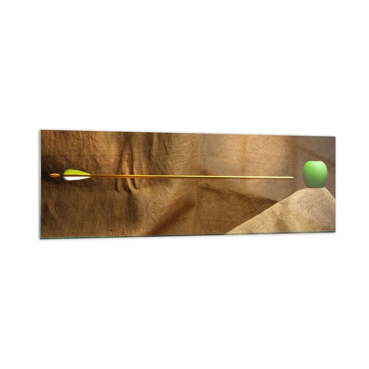 Quadro su vetro - Mela verde su tessuto con una freccia che crea una composizione - 160x50cm - Evocare lo spirito di Guglielmo Tell - Decorazione murale moderna per soggiorno e camera da letto ARTTOR