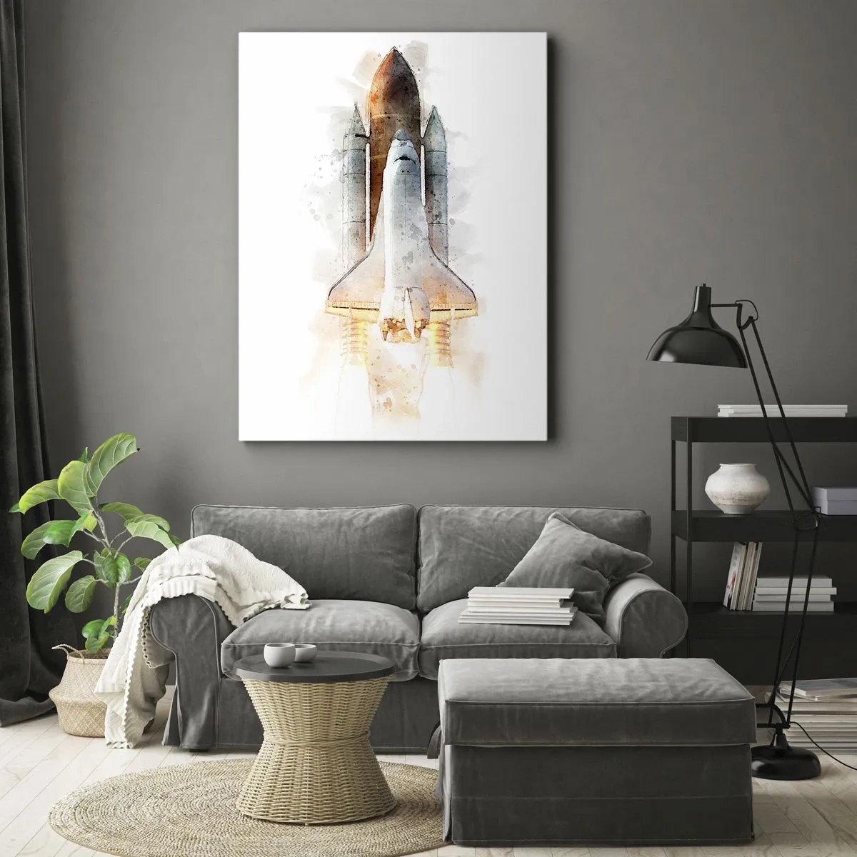 Quadro su tela - Stampe su Tela - Un'interpretazione artistica ad acquerello di uno space shuttle in decollo - 50x70cm - La partenza degli esploratori - Decorazione murale moderna per soggiorno e camera da letto ARTTOR