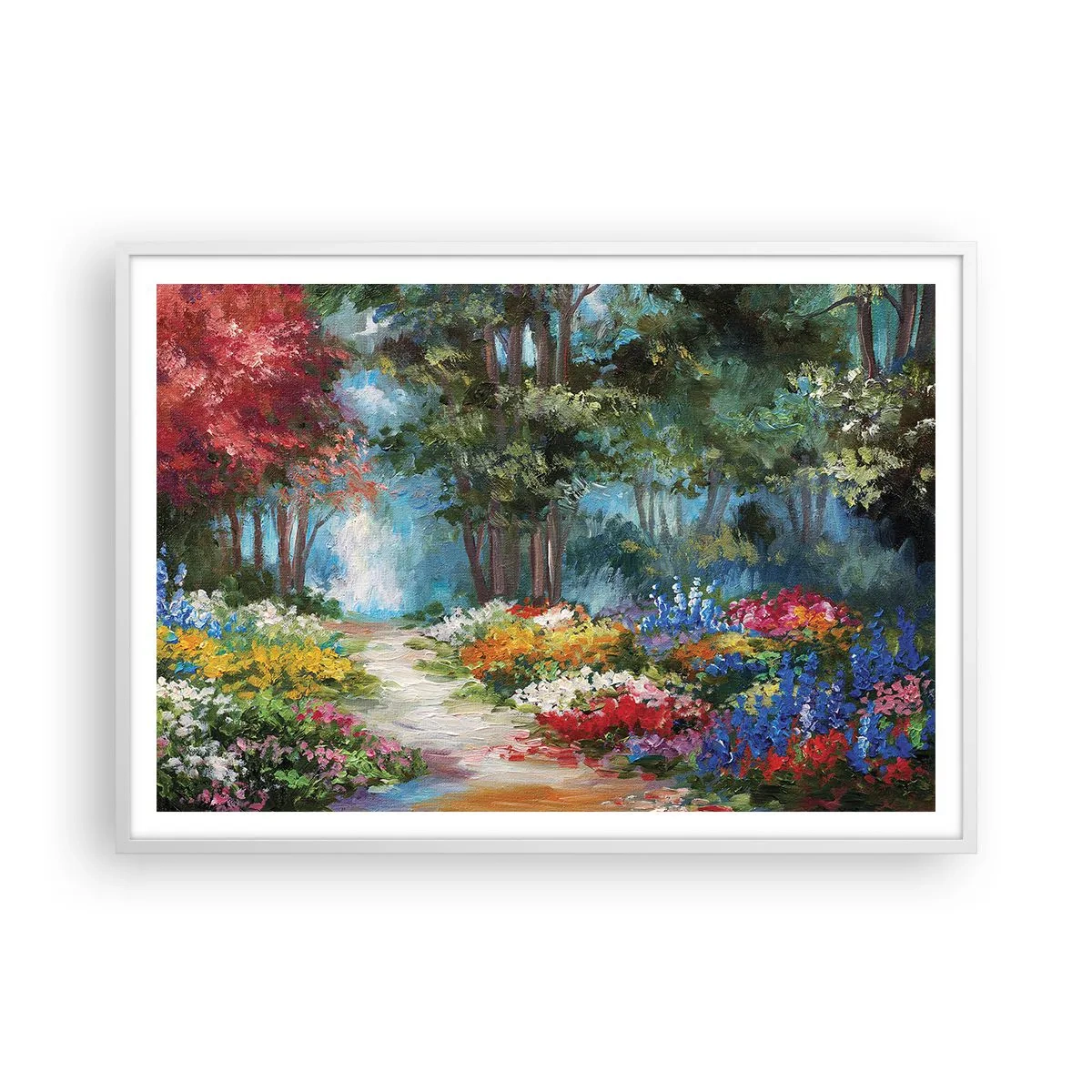 Poster in cornice bianca - Il giardino del bosco d'aprile - 100x70 cm