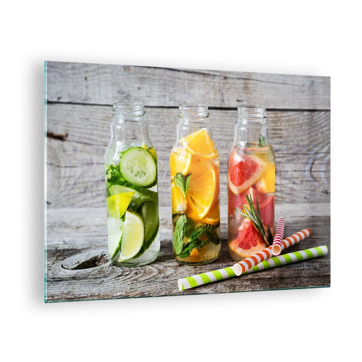 Quadro su vetro - Bottiglie di acqua alla frutta ed erbe aromatiche su uno sfondo di legno - 70x50cm - Sani di natura - Decorazione murale moderna per soggiorno e camera da letto ARTTOR