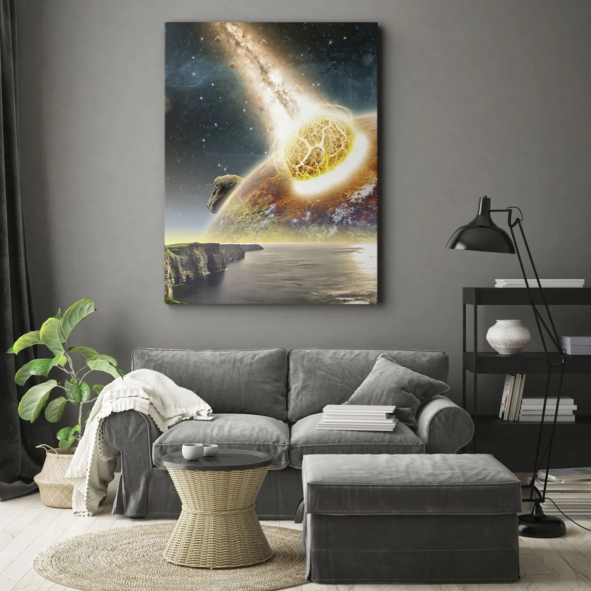 Quadro su tela - Stampe su Tela - Un meteorite si scontra con un pianeta in un paesaggio cosmico. - 50x70cm - Dramma cosmico - Decorazione murale moderna per soggiorno e camera da letto ARTTOR