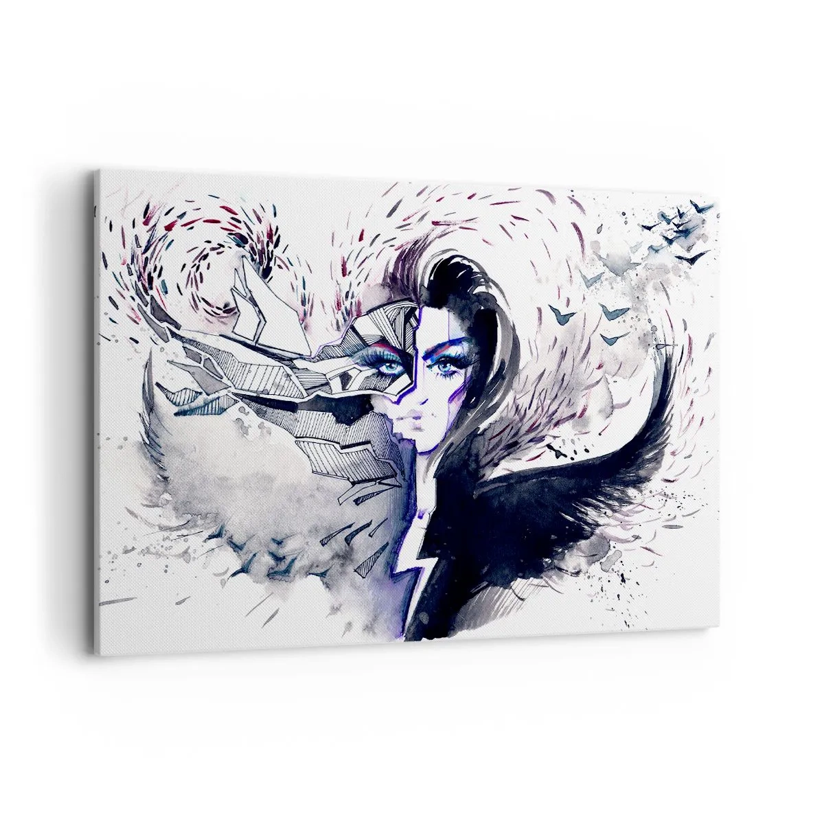 Quadro su tela - Stampe su Tela - Volto astratto con elementi contrastanti e motivo ad ala - 120x80cm - Bella e demoniaca - Decorazione murale moderna per soggiorno e camera da letto ARTTOR