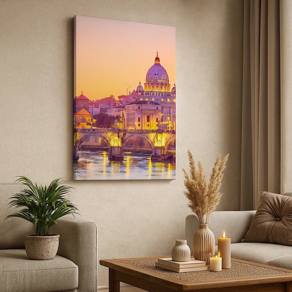 Quadro su tela - Stampe su Tela - Panorama del Vaticano al tramonto con un ponte sul fiume - 50x70cm - Tramonto sulla Città Eterna - Decorazione murale moderna per soggiorno e camera da letto ARTTOR