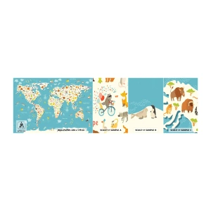 Campione Di Fotomurale Standard Eco - Amiamo tutto il mondo - Mappa del mondo, Animali, Per bambini - 100x30 cm