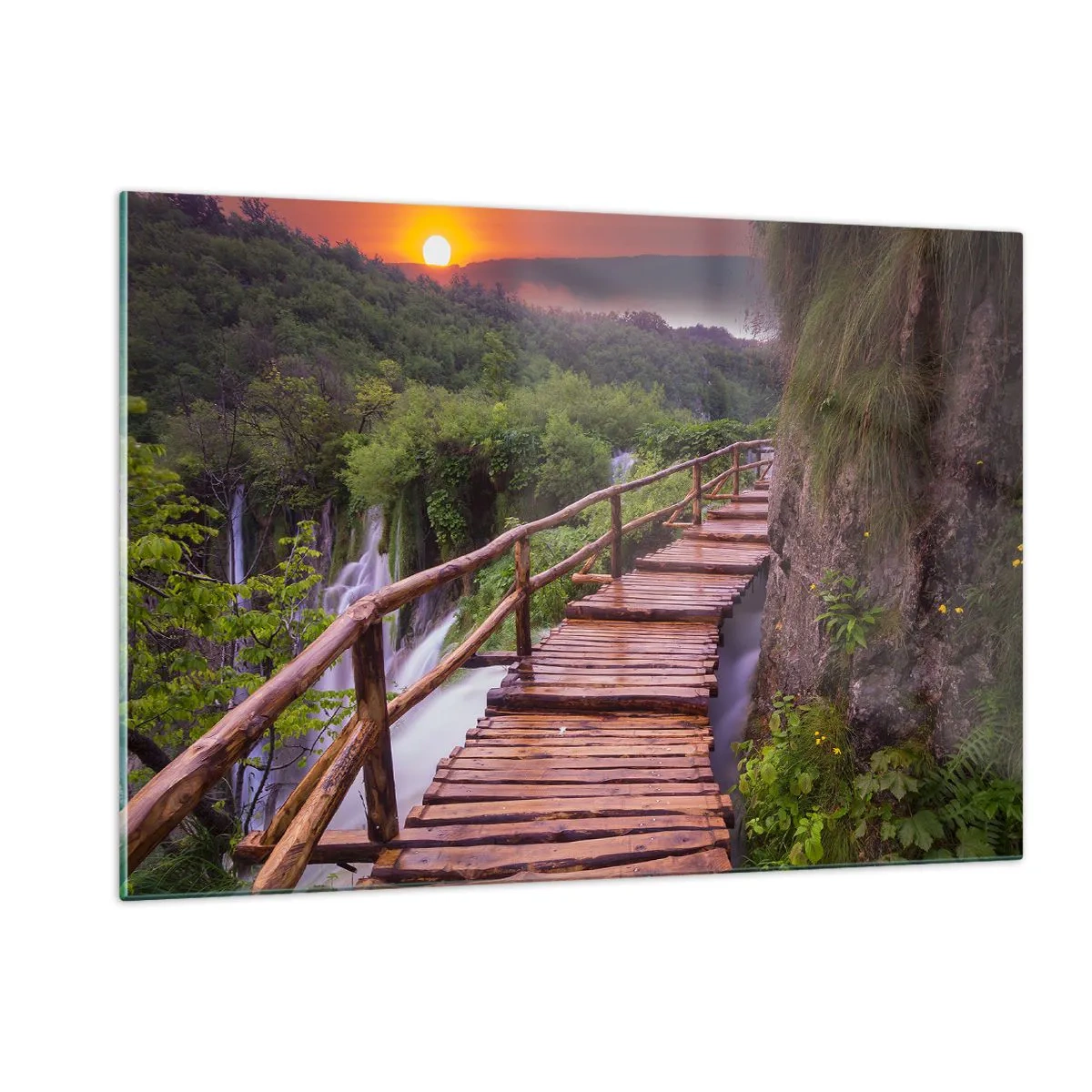 Quadro su vetro - Un sentiero in legno tra il verde al tramonto - 120x80cm - Una bellezza incredibile - Decorazione murale moderna per soggiorno e camera da letto ARTTOR