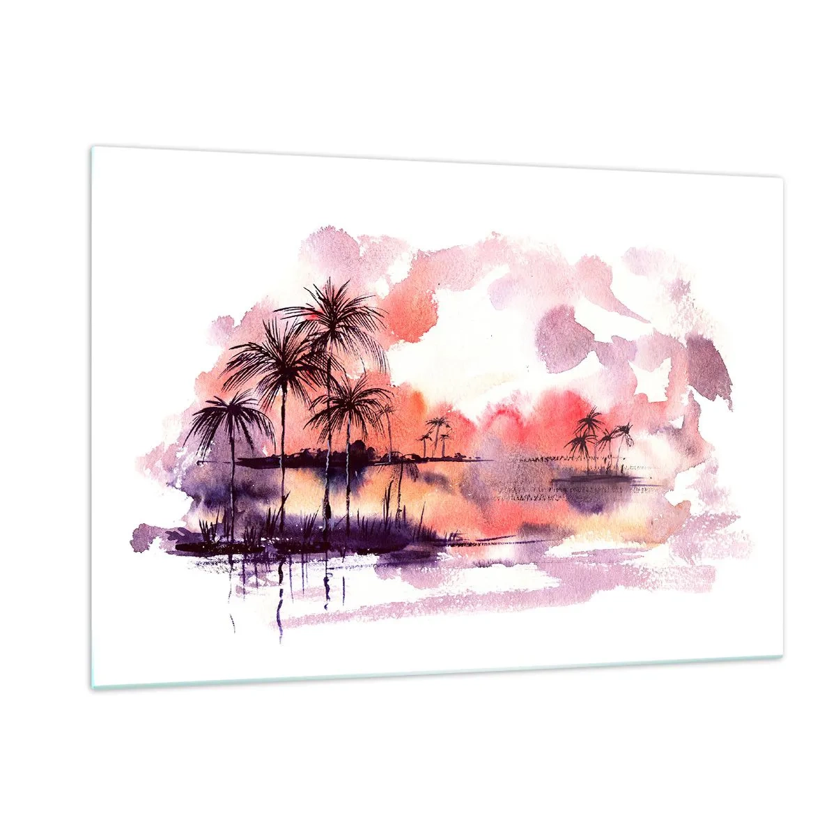 Quadro su vetro - Paesaggio tropicale al tramonto in acquerello - 120x80cm - Pace dei tropici in rosso - Decorazione murale moderna per soggiorno e camera da letto ARTTOR