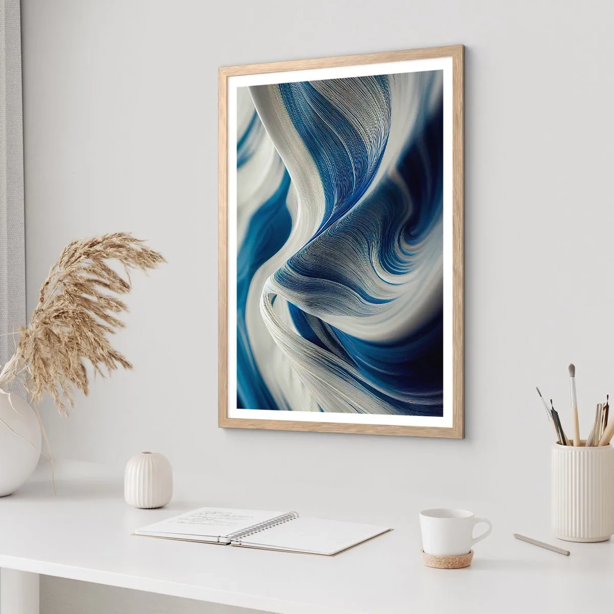 Poster in cornice rovere chiaro - Fluidità di blu e di bianco - 40x50 cm