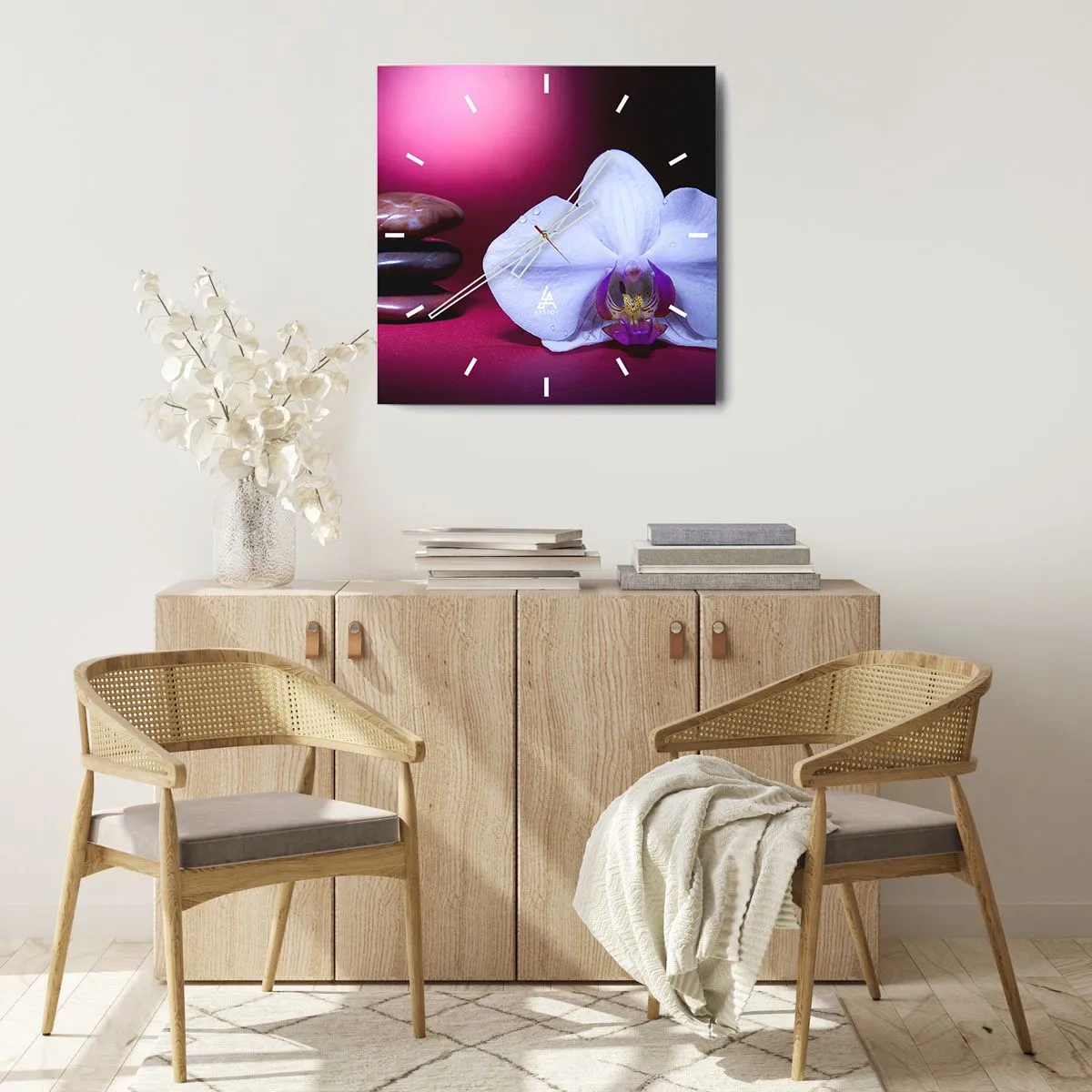 Orologio da parete - Orologio in Vetro - Orchidea bianca e pietre su sfondo rosa - 30x30cm - Studio di freschezza in viola - Decorazione murale moderna per soggiorno e camera da letto ARTTOR