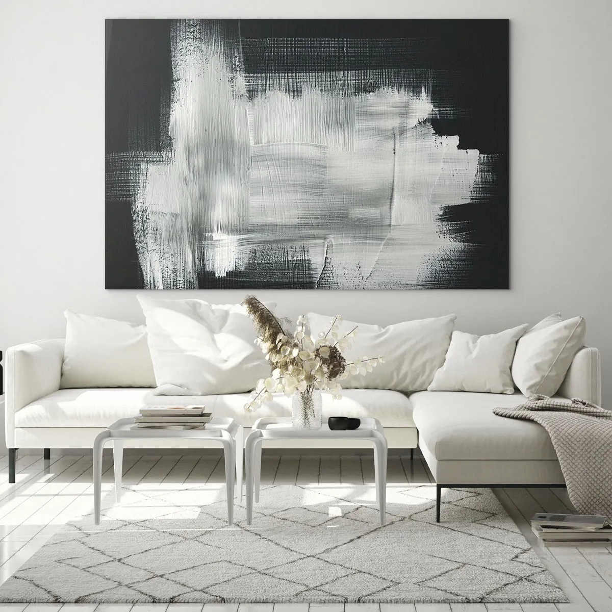 Quadro su vetro - Astrazione minimalista in bianco e nero - 100x70cm - Tessuto in verticale e in orizzontale - Decorazione murale moderna per soggiorno e camera da letto ARTTOR