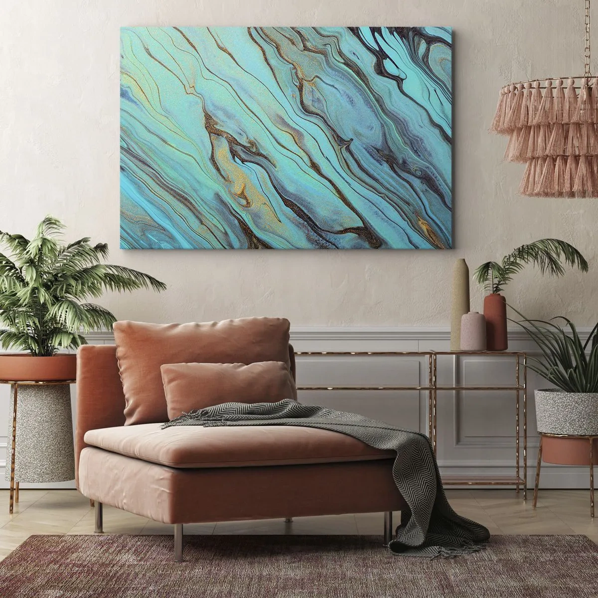 Quadro su tela - Stampe su Tela - Onde astratte nei toni del turchese e dell'oro - 70x50cm - Marea turchese - Decorazione murale moderna per soggiorno e camera da letto ARTTOR