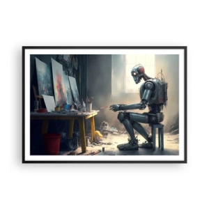 Poster in cornice nera - Un robot che dipinge un quadro in uno studio d'arte - 100x70cm - Atto creativo - Decorazione murale moderna per soggiorno e camera da letto ARTTOR