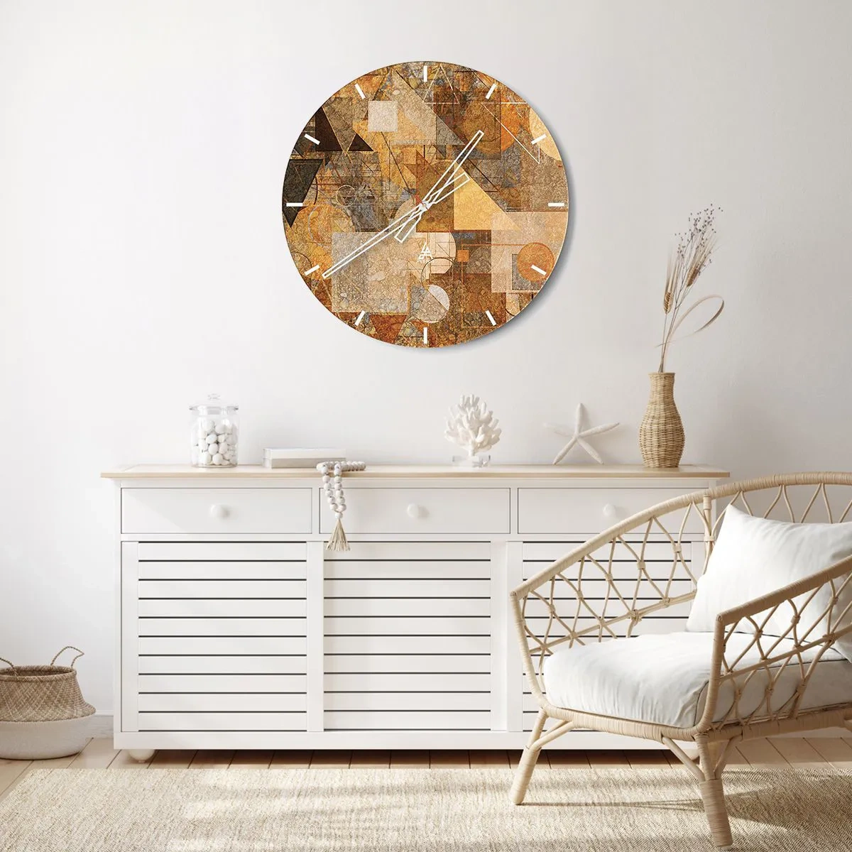 Orologio da parete - Orologio in Vetro - Astrazione geometrica nei toni dell'oro e del marrone - 30x30cm - Studio cubista in marrone - Decorazione murale moderna per soggiorno, cucina e camera da letto ARTTOR