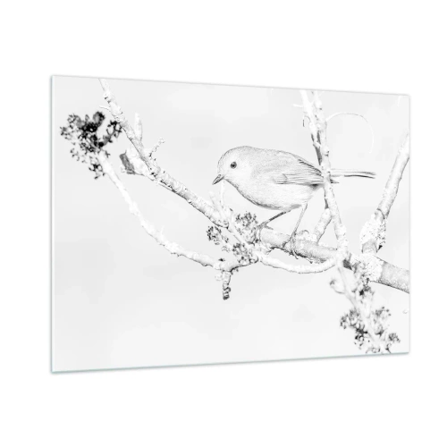 Quadro su vetro - Un uccello appollaiato su un ramo in una scena invernale monocromatica. - 100x70cm - Mattino invernale - Decorazione murale moderna per soggiorno e camera da letto ARTTOR
