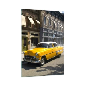 Quadro su vetro - Un taxi giallo sullo sfondo di un classico condominio - 50x70cm - Tanto tempo fa in America - Decorazione murale moderna per soggiorno e camera da letto ARTTOR