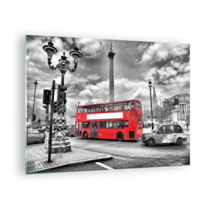 Quadro su vetro - Un autobus rosso sullo sfondo di un paesaggio urbano in bianco e nero - 70x50cm - Il vero flusso sanguigno della città - Decorazione murale moderna per soggiorno e camera da letto ARTTOR