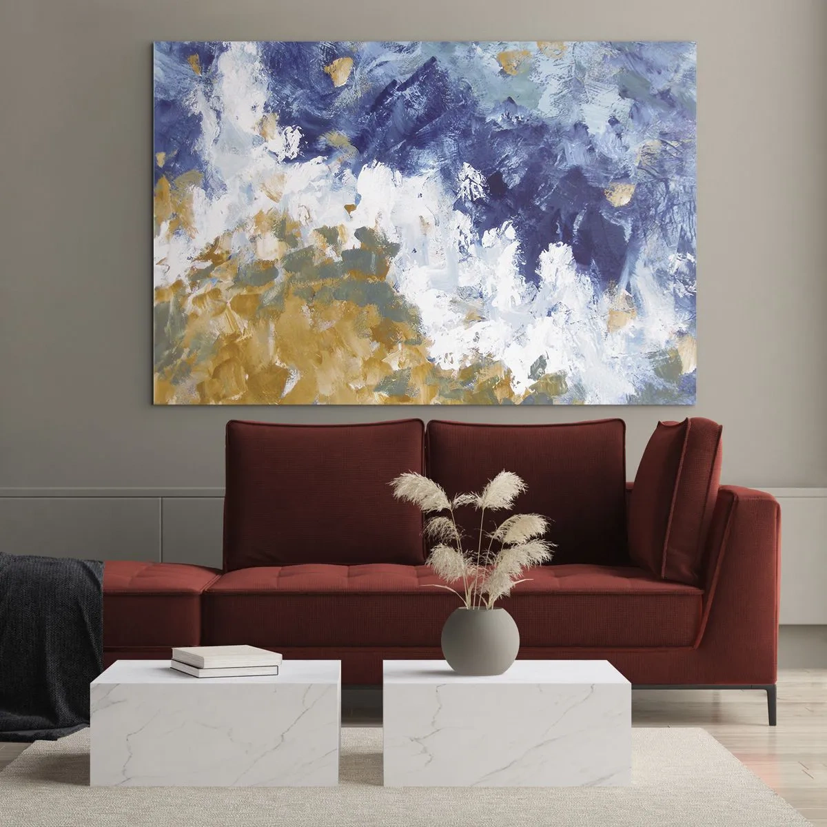 Quadro su vetro - Pennellate astratte in blu, bianco e oro - 120x80cm - La danza degli elementi - Decorazione murale moderna per soggiorno e camera da letto ARTTOR