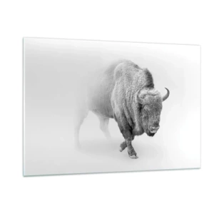 Quadro su vetro - Illustrazione in bianco e nero di un maestoso bisonte - 120x80cm - Il re della prateria - Decorazione murale moderna per soggiorno e camera da letto ARTTOR
