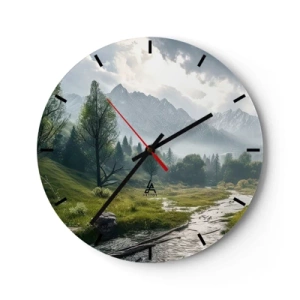 Orologio da parete - Orologio in Vetro - Paesaggio montano con fiume e alberi al mattino - 30x30cm - Andata e ritorno - Decorazione murale moderna per soggiorno, cucina e camera da letto ARTTOR