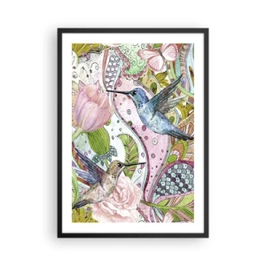 Poster in cornice nera - Colibrì colorati su uno sfondo di fiori e motivi - 50x70cm - Intrecciate nei rami - Decorazione murale moderna per soggiorno e camera da letto ARTTOR