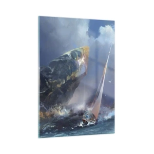Quadro su vetro - Una barca a vela in tempesta al largo di una costa rocciosa - 50x70cm - Vince chi ha coraggio - Decorazione murale moderna per soggiorno e camera da letto ARTTOR