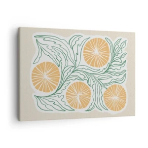 Quadro su tela - Stampe su Tela - Un motivo arancione minimalista con foglie verdi - 70x50cm - Etnicamente con una nota di astrazione - Decorazione murale moderna per soggiorno e camera da letto ARTTOR