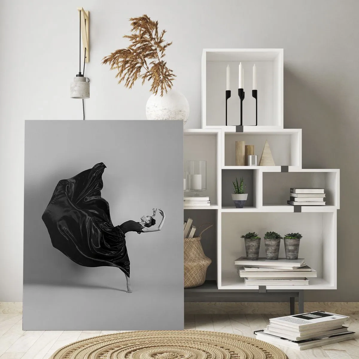 Quadro su vetro - Una ballerina in abito nero che fluttua dinamicamente nell'aria - 50x70cm - Musica alata - Decorazione murale moderna per soggiorno e camera da letto ARTTOR
