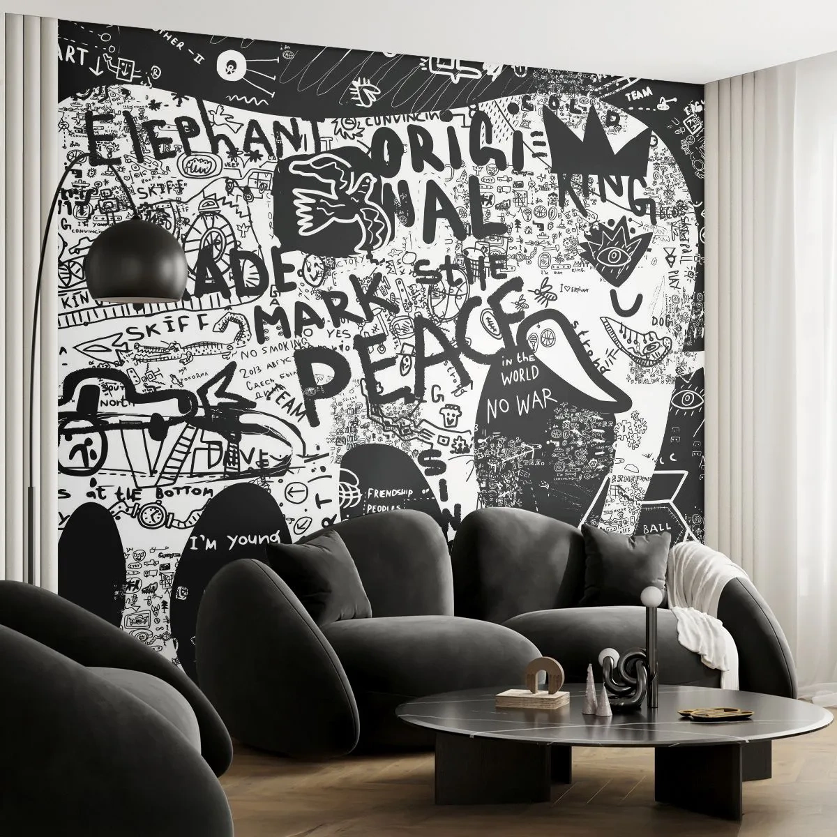 Fotomurali Premium Sand - Graffiti in bianco e nero con parole e simboli - 100x70cm - Il ricco mondo della strada - Decorazione murale moderna per soggiorno e camera da letto ARTTOR