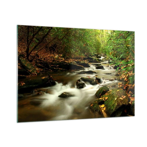Quadro su vetro - Un ruscello nella foresta circondato da pietre e foglie - 100x70cm - Come argento liquido - Decorazione murale moderna per soggiorno e camera da letto ARTTOR