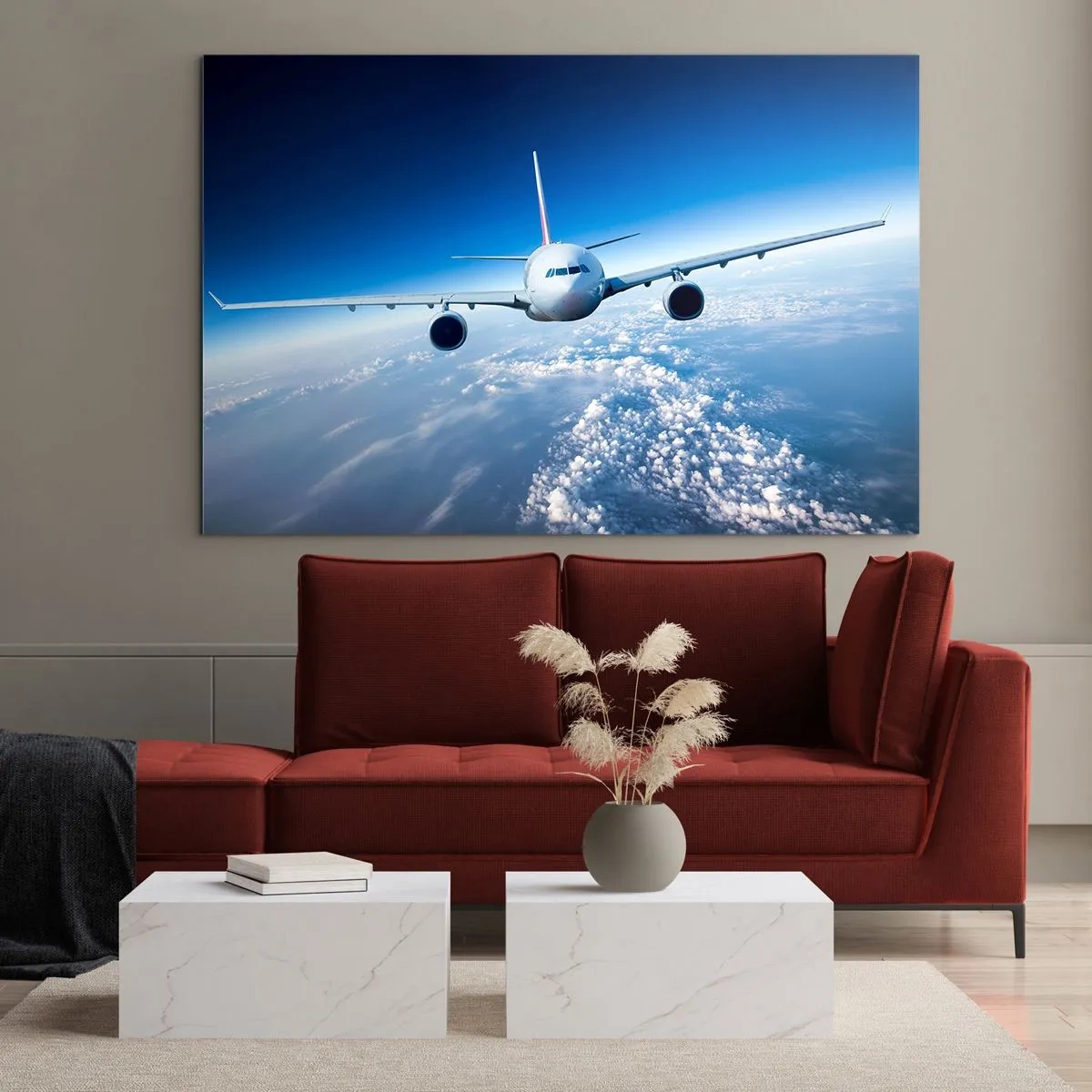 Quadro su vetro - Un aereo passeggeri contro un cielo azzurro e nuvole - 70x50cm - Voglia di volare - Decorazione murale moderna per soggiorno e camera da letto ARTTOR