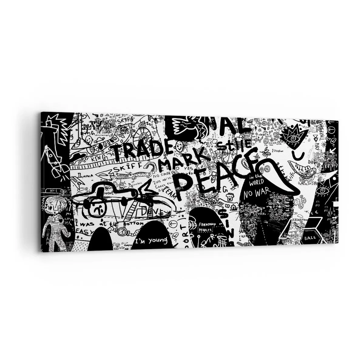 Quadro su tela - Stampe su Tela - Grafica in bianco e nero con motivi graffiti - 120x50cm - Il ricco mondo della strada - Decorazione murale moderna per soggiorno e camera da letto ARTTOR