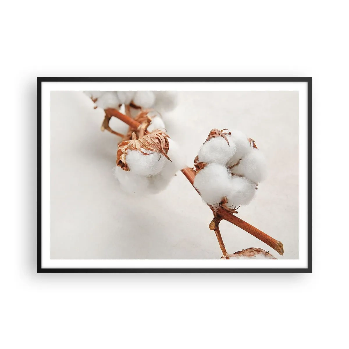 Poster in cornice nera - Un rametto di cotone su uno sfondo sottile - 100x70cm - Semplicemente un abbraccio - Decorazione murale moderna per soggiorno e camera da letto ARTTOR
