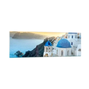 Quadro su vetro - Vista di Santorini con edifici bianchi e mare blu - 160x50cm - Santorini: aggrappate alle rocce - Decorazione murale moderna per soggiorno e camera da letto ARTTOR