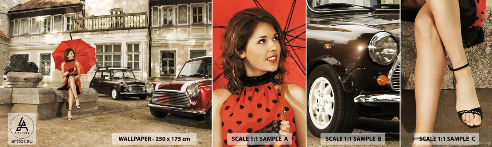 Campione Di Fotomurale Standard Eco - Piccolo viaggio sentimentale - Donna, Architettura, Auto - 100x30 cm