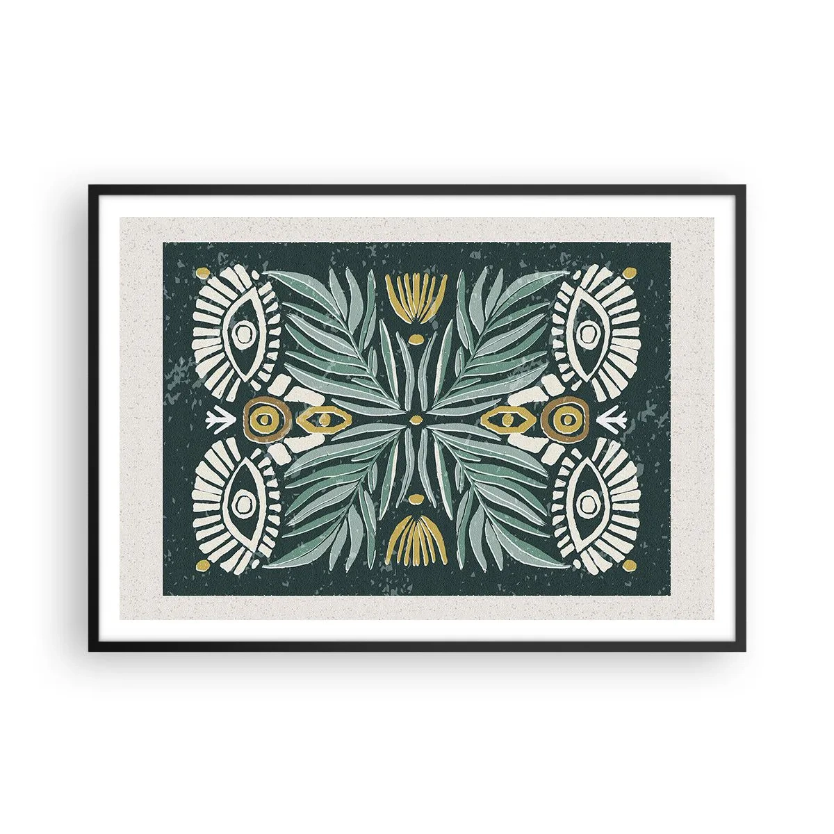 Poster in cornice nera - Motivo vegetale simmetrico su sfondo verde - 100x70cm - Geometrie di arte popolare - Decorazione murale moderna per soggiorno e camera da letto ARTTOR