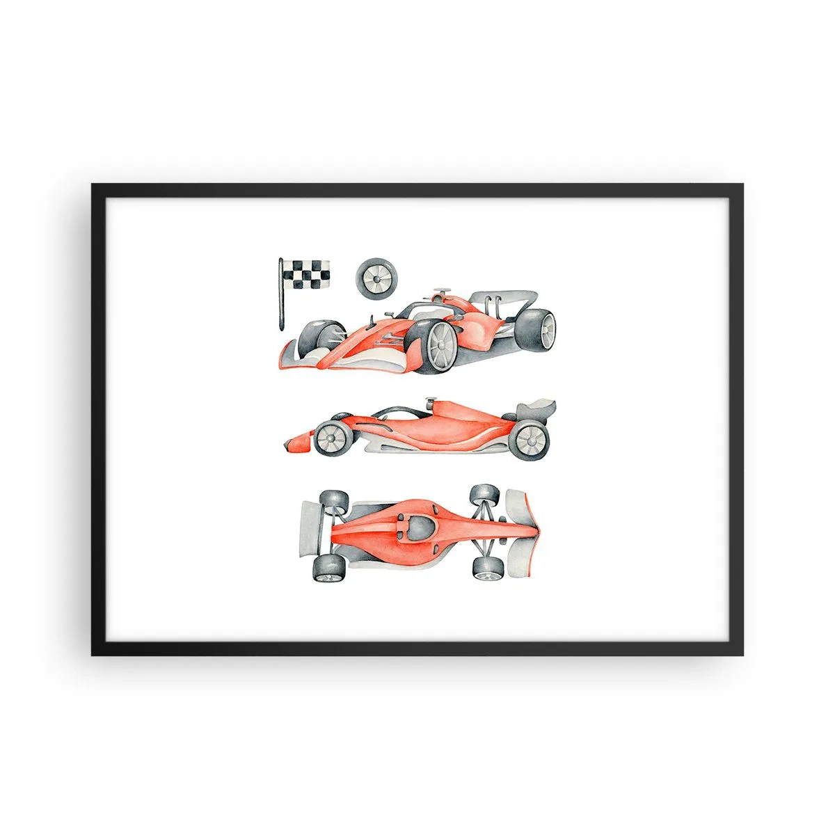 Poster in cornice nera - Un'auto da corsa rossa con una bandiera a scacchi - 70x50cm - Inseguendo i sogni - Decorazione murale moderna per soggiorno e camera da letto ARTTOR