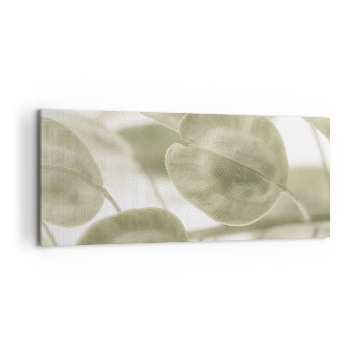 Quadro su tela - Stampe su Tela - Un delicato dipinto di foglie in tonalità pastello di verde su uno sfondo chiaro. - 120x50cm - All'inizio vi erano le foglie... - Decorazione murale moderna per soggiorno e camera da letto ARTTOR