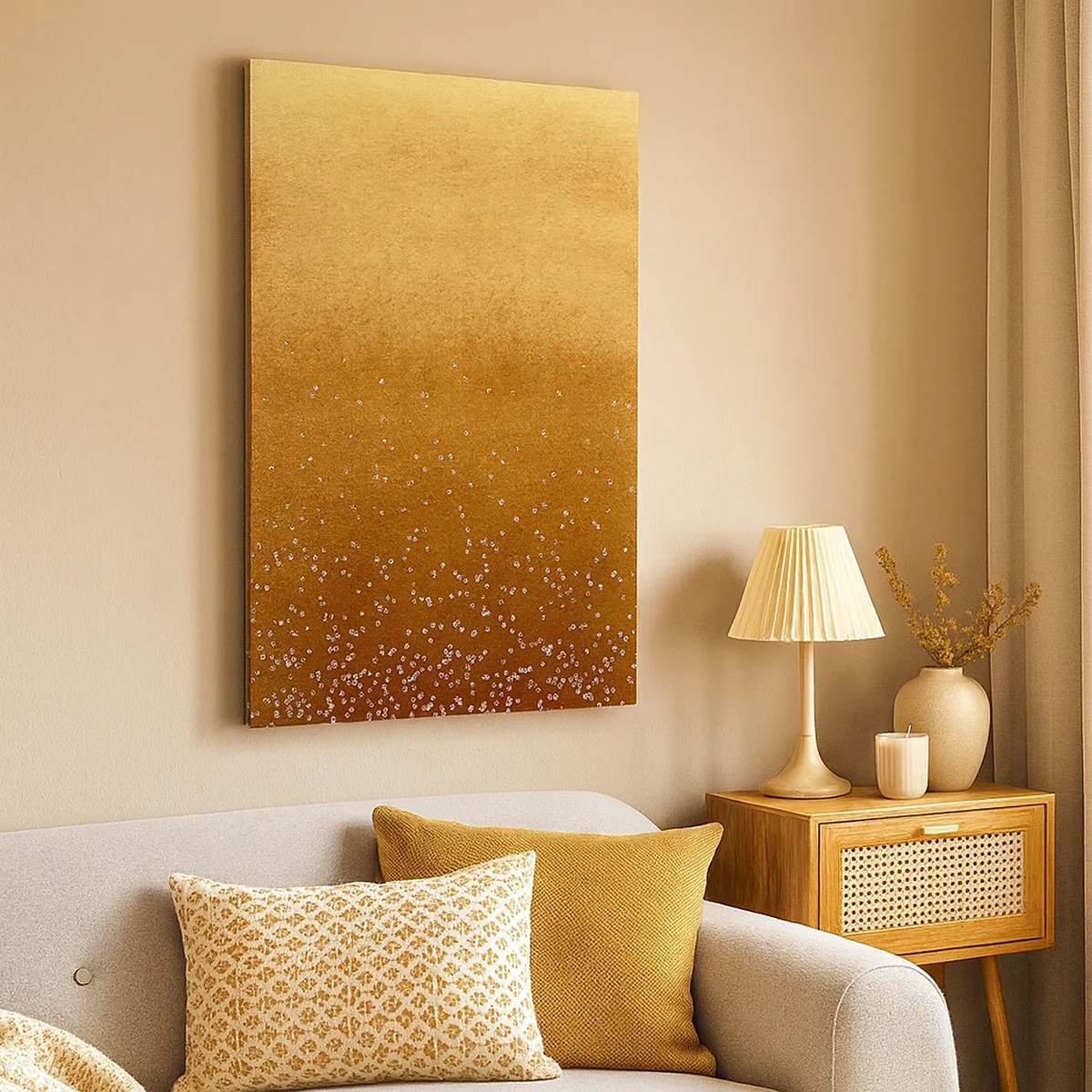 Quadro su tela - Stampe su Tela - Una sfumatura dorata con sottili riflessi e decorazioni - 50x70cm - La nascita della luce - Decorazione murale moderna per soggiorno e camera da letto ARTTOR