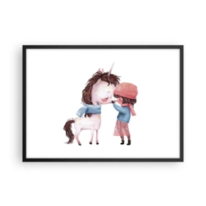 Poster in cornice nera - Una ragazza e un unicorno in uno scenario invernale - 70x50cm - Racconto d'inverno - Decorazione murale moderna per soggiorno e camera da letto ARTTOR