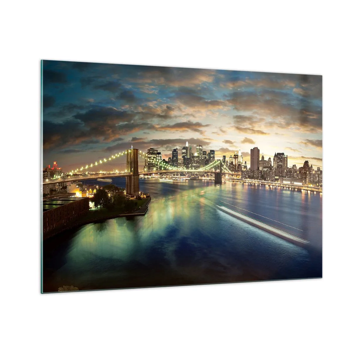 Quadro su vetro - Vista del ponte e della città al tramonto - 100x70cm - Il cielo luminoso sopra Manhattan - Decorazione murale moderna per soggiorno e camera da letto ARTTOR