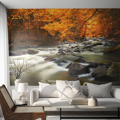 Fotomurali Premium Sand - Foresta autunnale con un ruscello impetuoso e foglie dorate - 100x70cm - Ruscello nel bosco dorato - Decorazione murale moderna per soggiorno e camera da letto ARTTOR