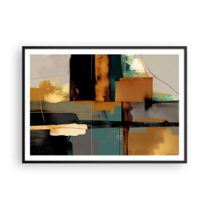 Poster in cornice nera - Composizione astratta con elementi in oro e turchese - 100x70cm - Astrazione: luci e ombre - Decorazione murale moderna per soggiorno e camera da letto ARTTOR