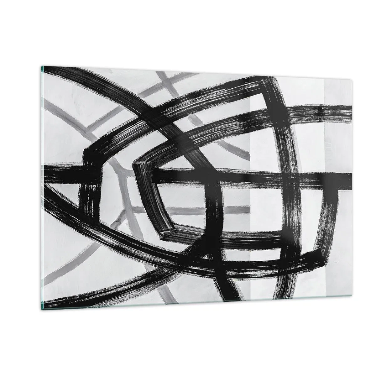 Quadro su vetro - Pennellate nere e grigie creano una rete dinamica di linee. - 120x80cm - Costruendo la profondità - Decorazione murale moderna per soggiorno e camera da letto ARTTOR