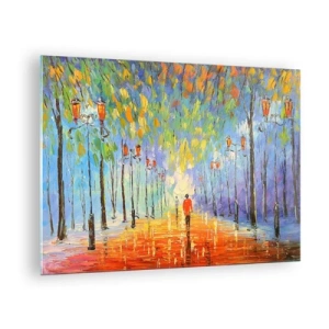 Quadro su vetro - Un parco colorato con un viale e lanterne in stile pittorico - 70x50cm - Canzone notturna sotto la pioggia - Decorazione murale moderna per soggiorno e camera da letto ARTTOR