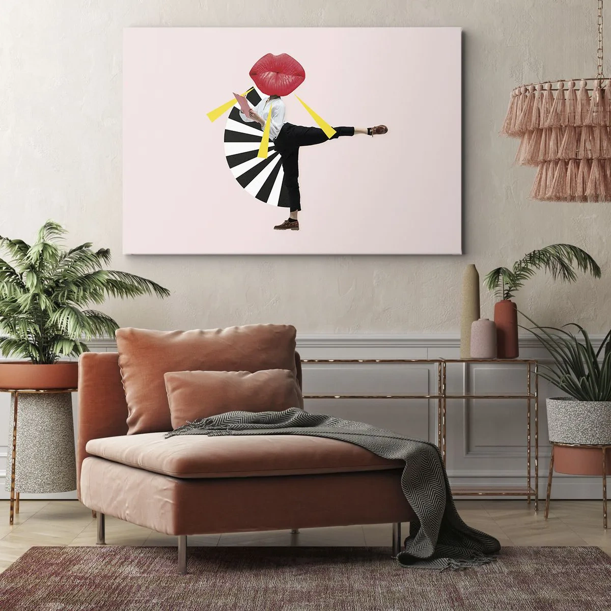 Quadro su tela - Stampe su Tela - Figura surrealista con bocca ed elementi geometrici - 70x50cm - Pop-art surrealistica - Decorazione murale moderna per soggiorno e camera da letto ARTTOR