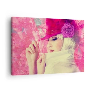 Quadro su tela - Stampe su Tela - Donna elegante con un cappello rosa con un fiore - 70x50cm - Ritratto retro nei vapori di rosa - Decorazione murale moderna per soggiorno e camera da letto ARTTOR