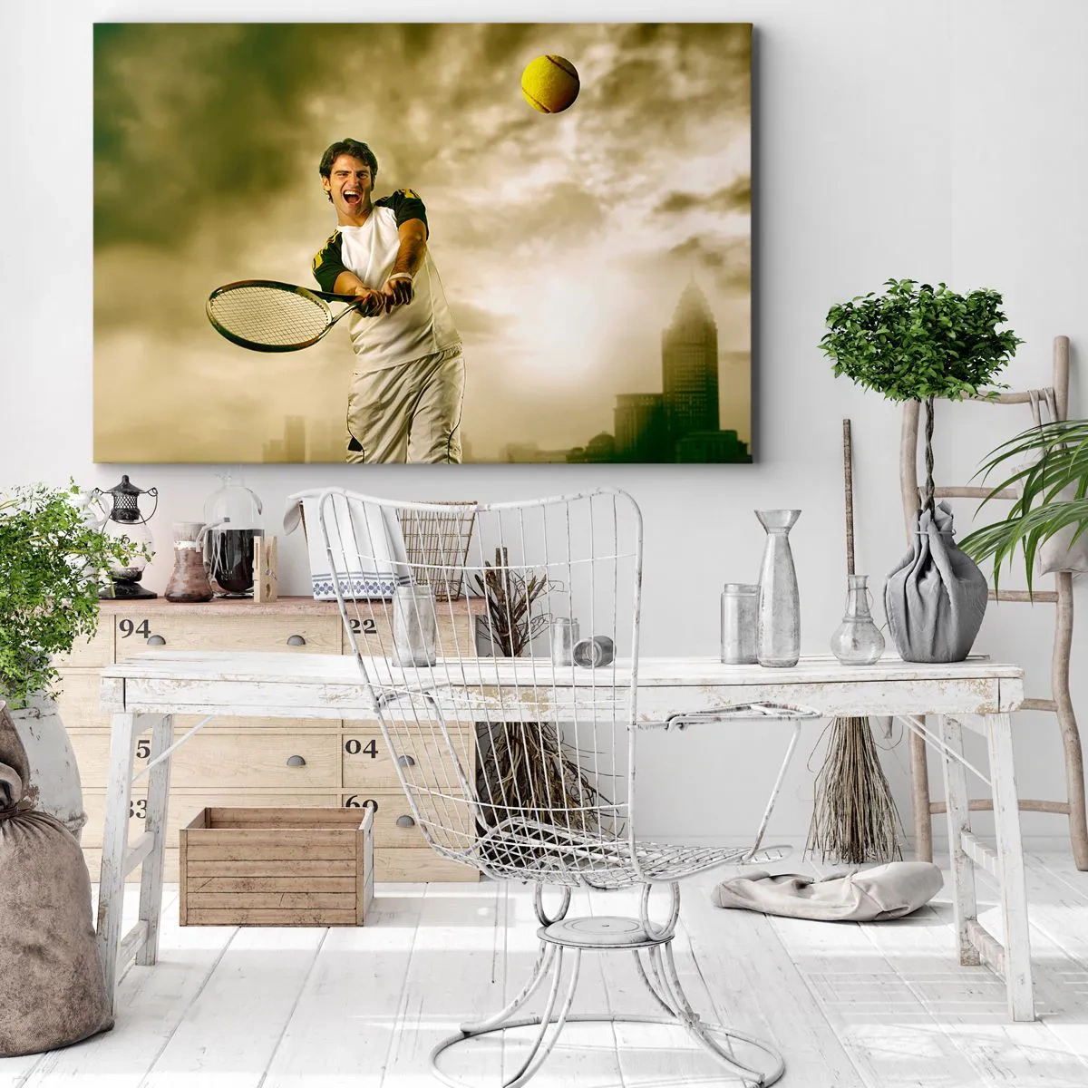 Quadro su tela - Stampe su Tela - Giocatore di tennis in azione durante una partita sullo sfondo di un paesaggio urbano - 120x80cm - Energia e gioia - Decorazione murale moderna per soggiorno e camera da letto ARTTOR